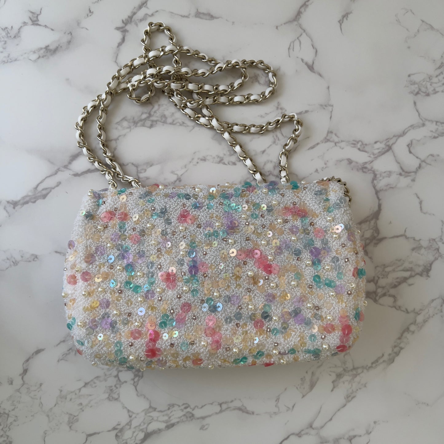 Chanel 2026 limited edition colorful sequin pearls mini rectangular flap bag