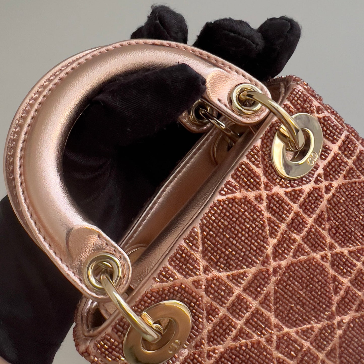 Dior Metallic Rose Beaded Cannage Micro Ladydior bag