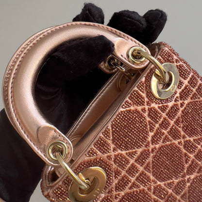 Dior Metallic Rose Beaded Cannage Micro Ladydior bag