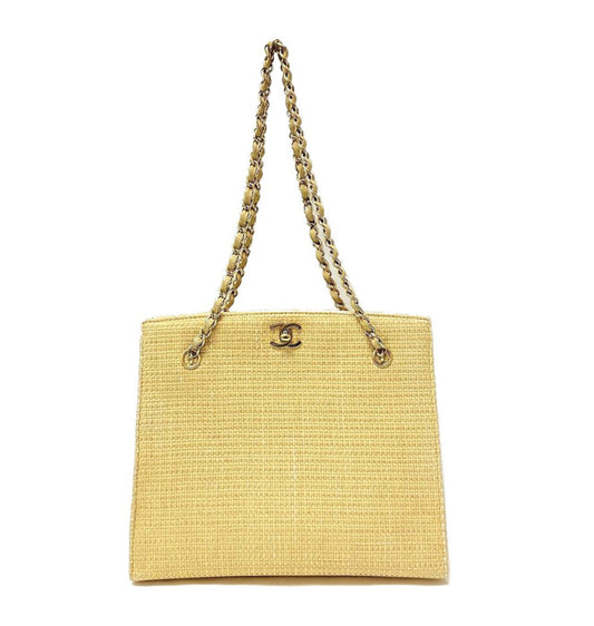 Vintage Chanel 90s CC Logo Chain Shoulder Bag Cream Gold Straw