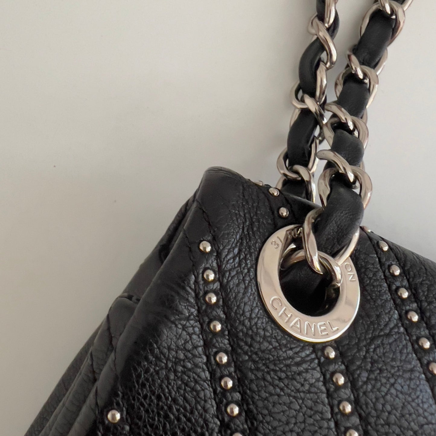 Chanel Calfskin Studded Chevron Medium Stud Wars Flap Black