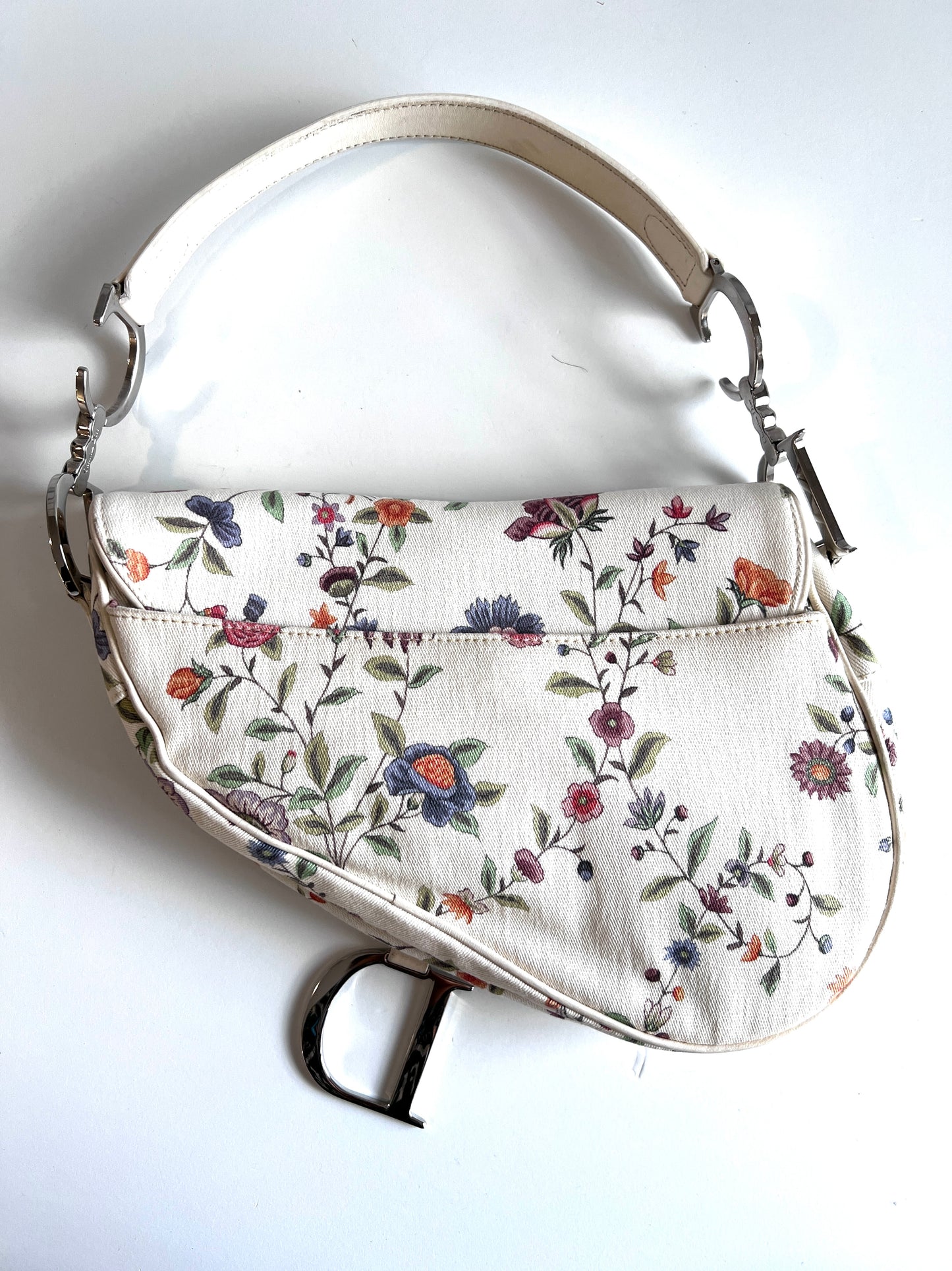 Dior limited edition white floral  canva saddle bag