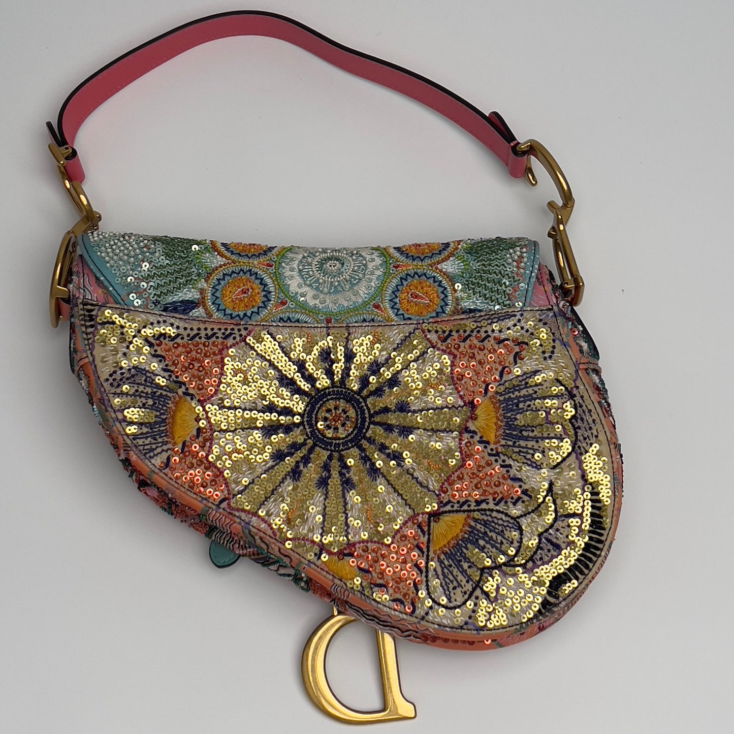 Dior pink& green sequin embroidered saddle bag