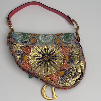 Dior pink& green sequin embroidered saddle bag