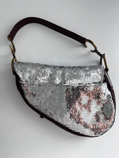 Vintage Dior silver sequin leather saddle bag