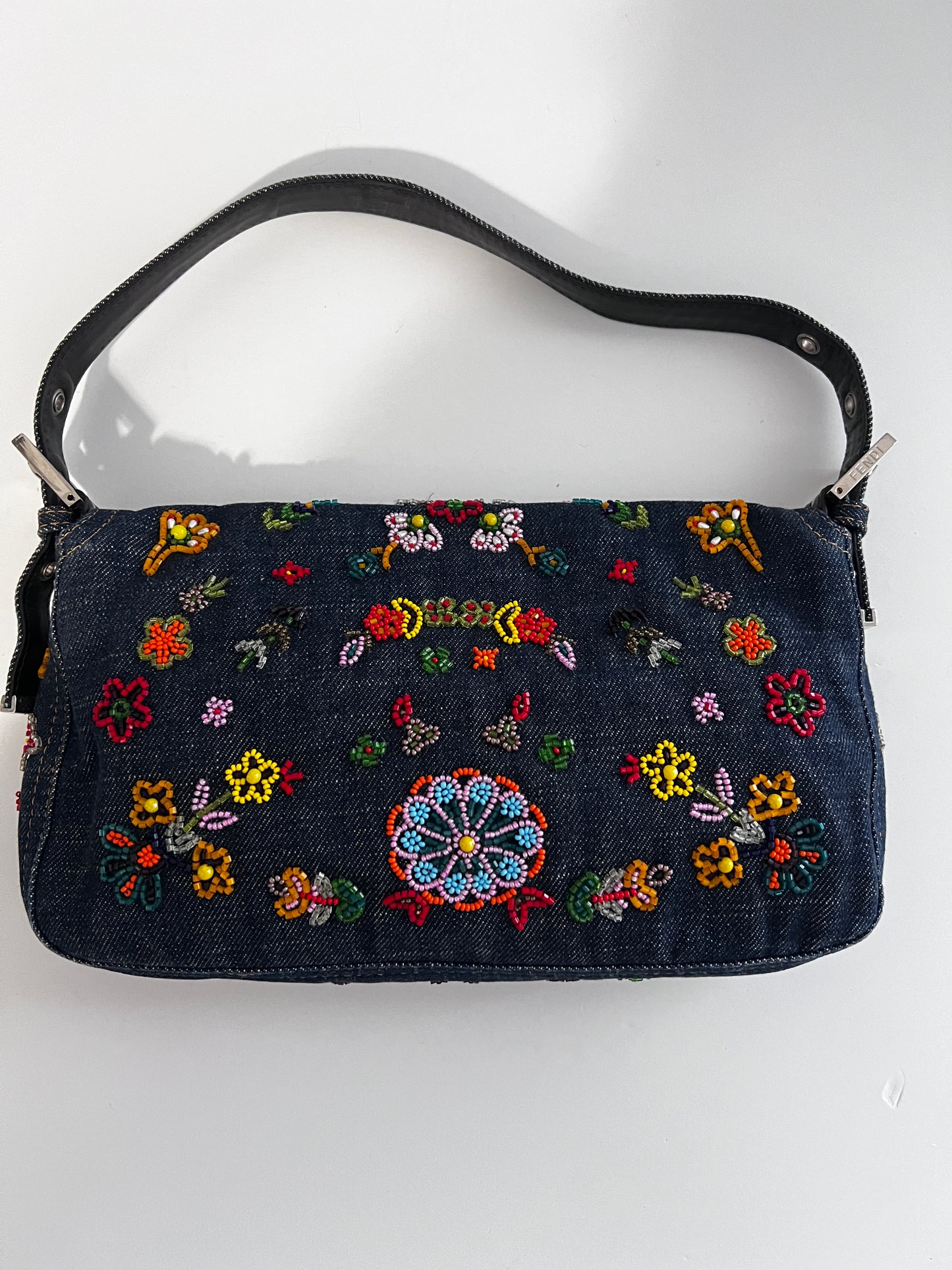 Fendi 15th anniversary denim floral beaded baguette