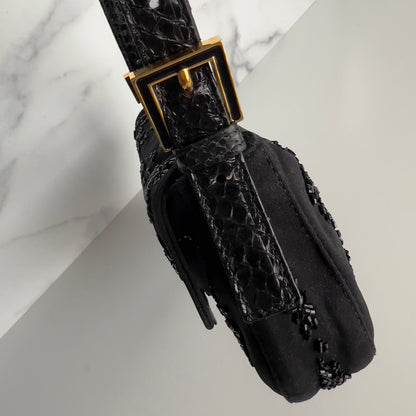 Vintage Fendi Black Embroidered Beads Cloth Baguette