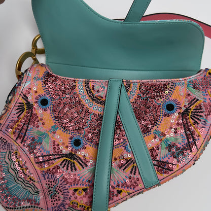 Dior pink& green sequin embroidered saddle bag