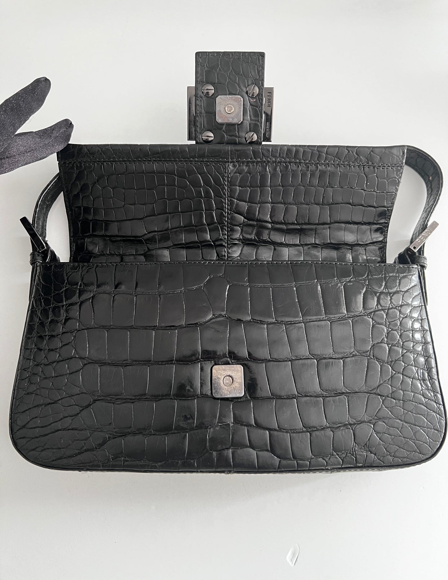 Vintage Fendi black crocodile baguette