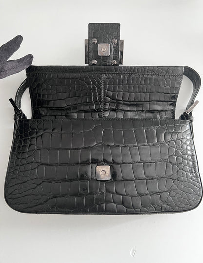 Vintage Fendi black crocodile baguette