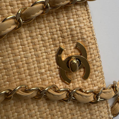 Vintage Chanel 90s CC Logo Chain Shoulder Bag Cream Gold Straw