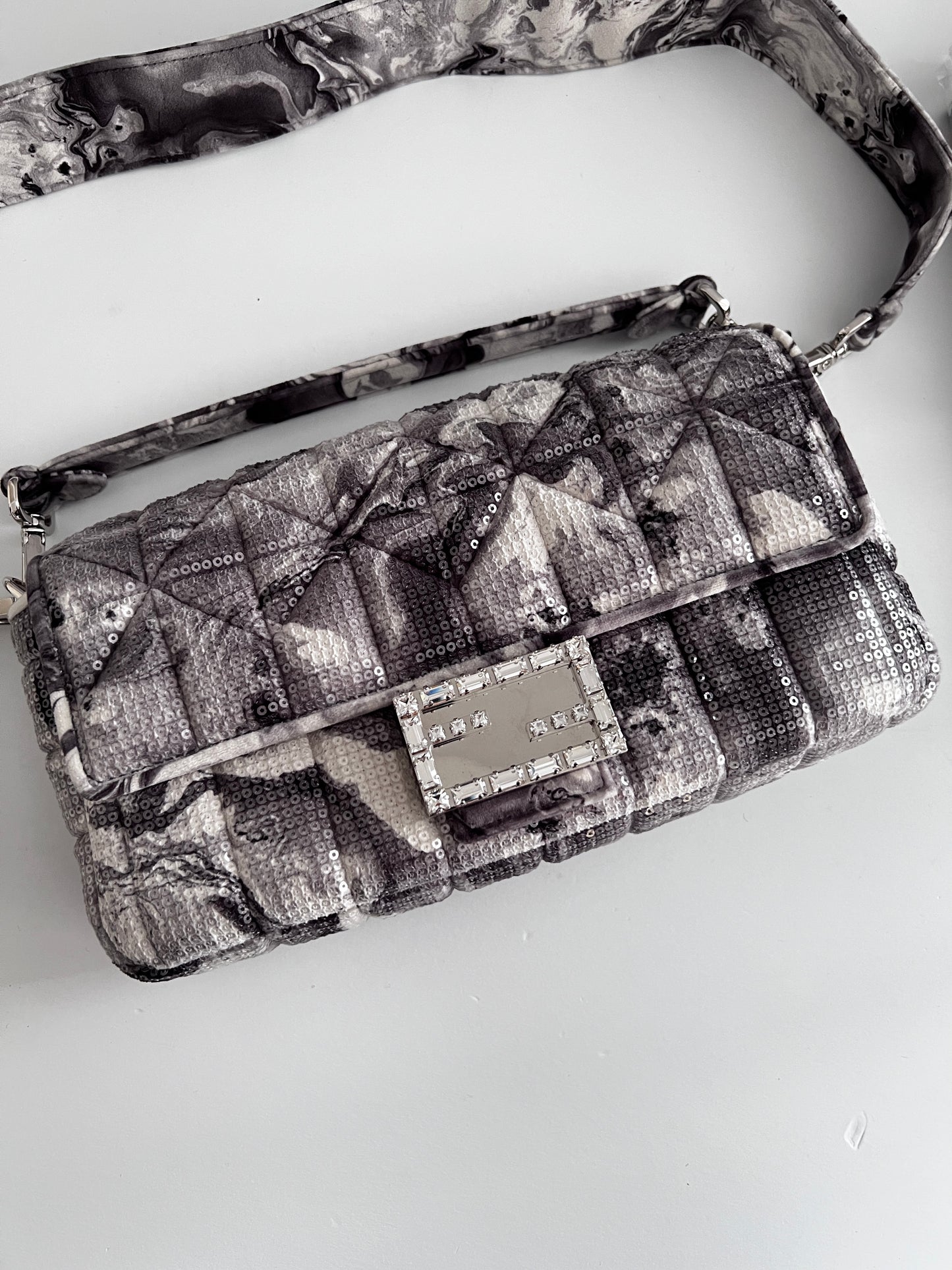 Fendi marble print sequin magnetic buckle baguette