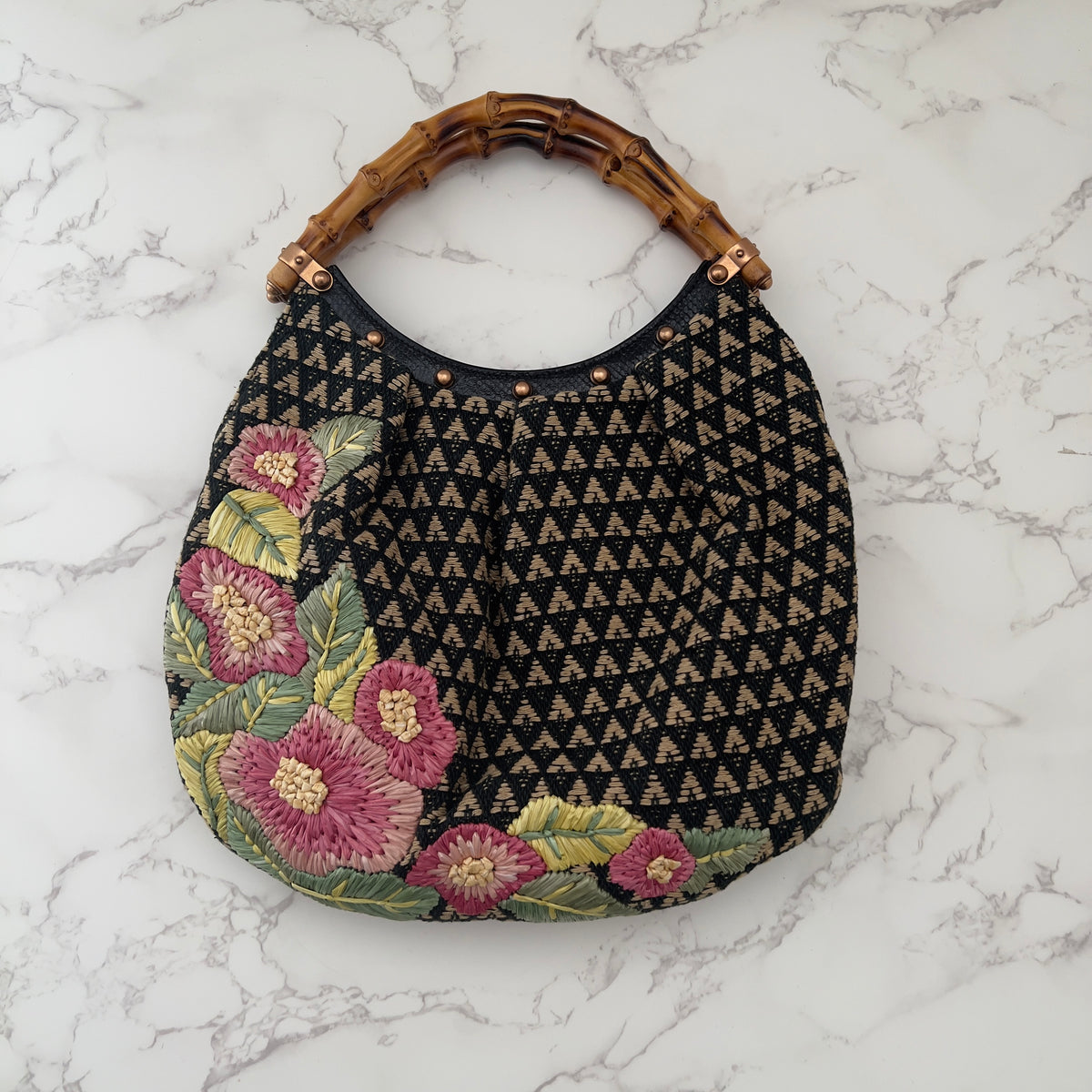 Vintage Gucci Small Bamboo Handle Floral Raffia Embroidered Hobo Bag