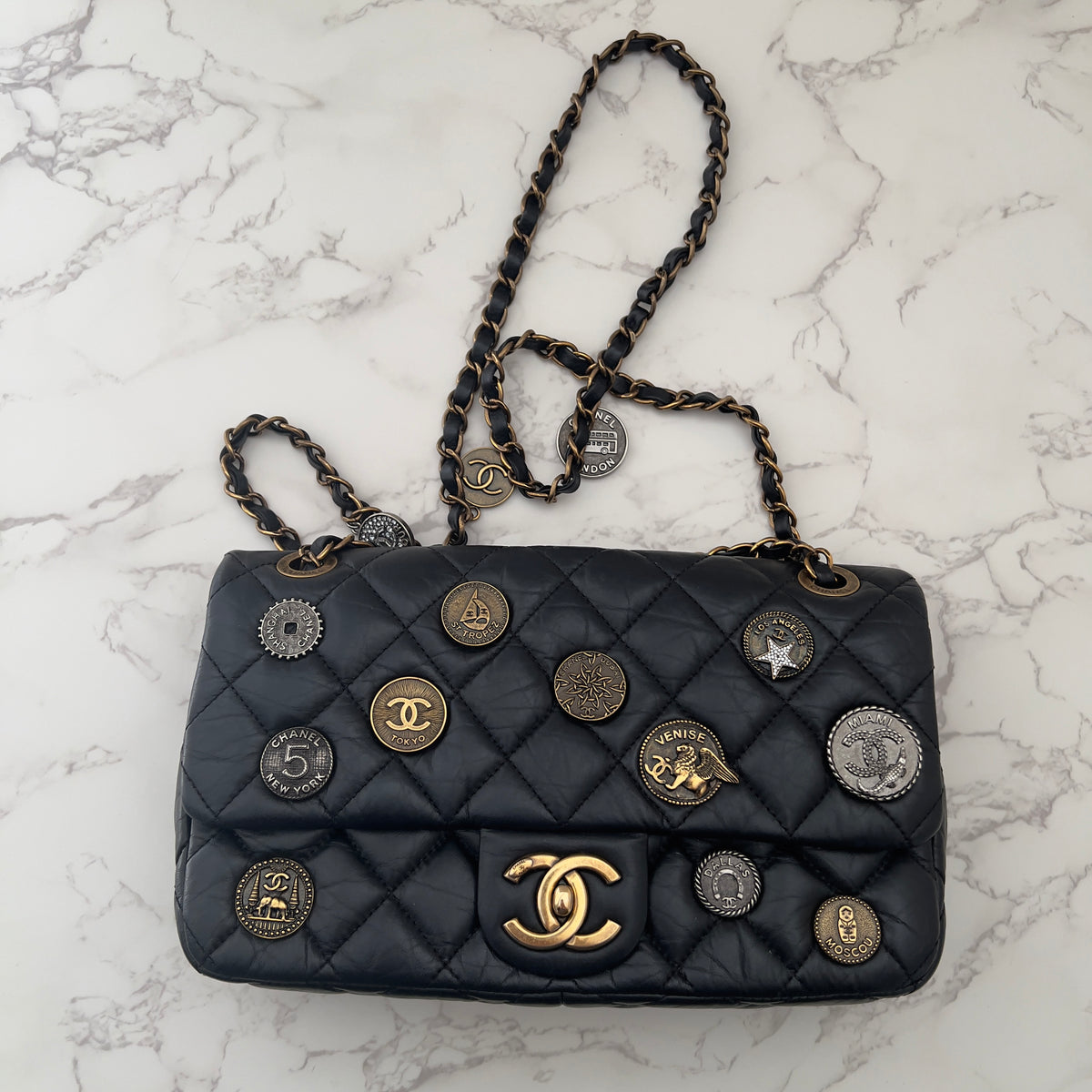 Chanel Vintage Black Quilted Leather Lucky Charms Medium Flap Bag