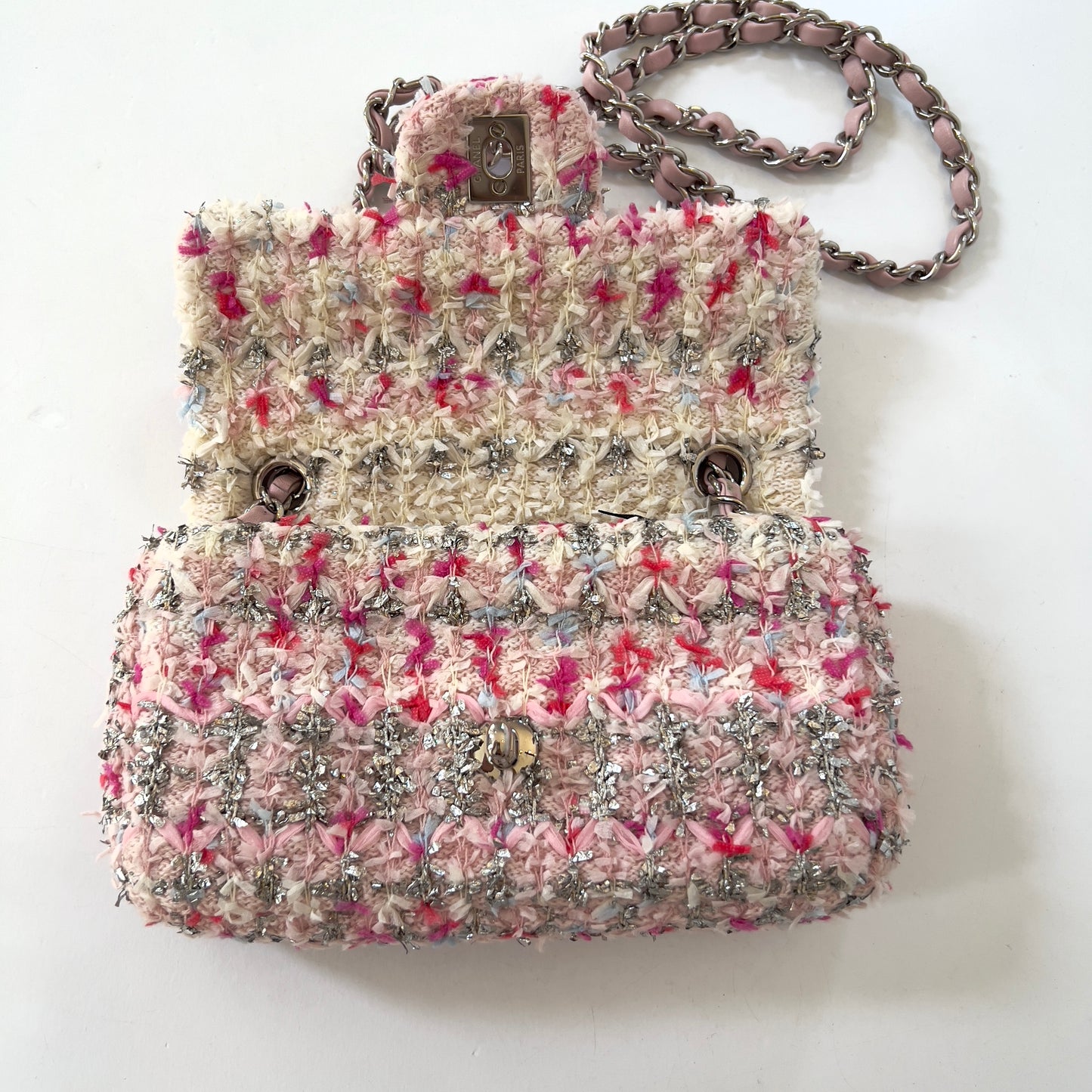 CHANEL Tweed Quilted Mini Rectangular Flap Light Pink Silver