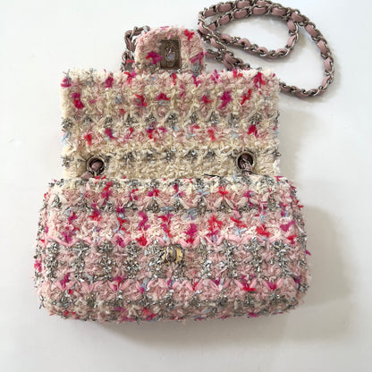 CHANEL Tweed Quilted Mini Rectangular Flap Light Pink Silver