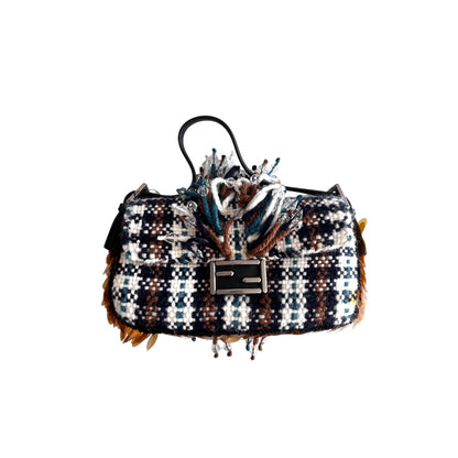 NWT! Fendi selleria plaid tweed shearling baguette