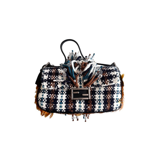 NWT! Fendi selleria plaid tweed shearling baguette