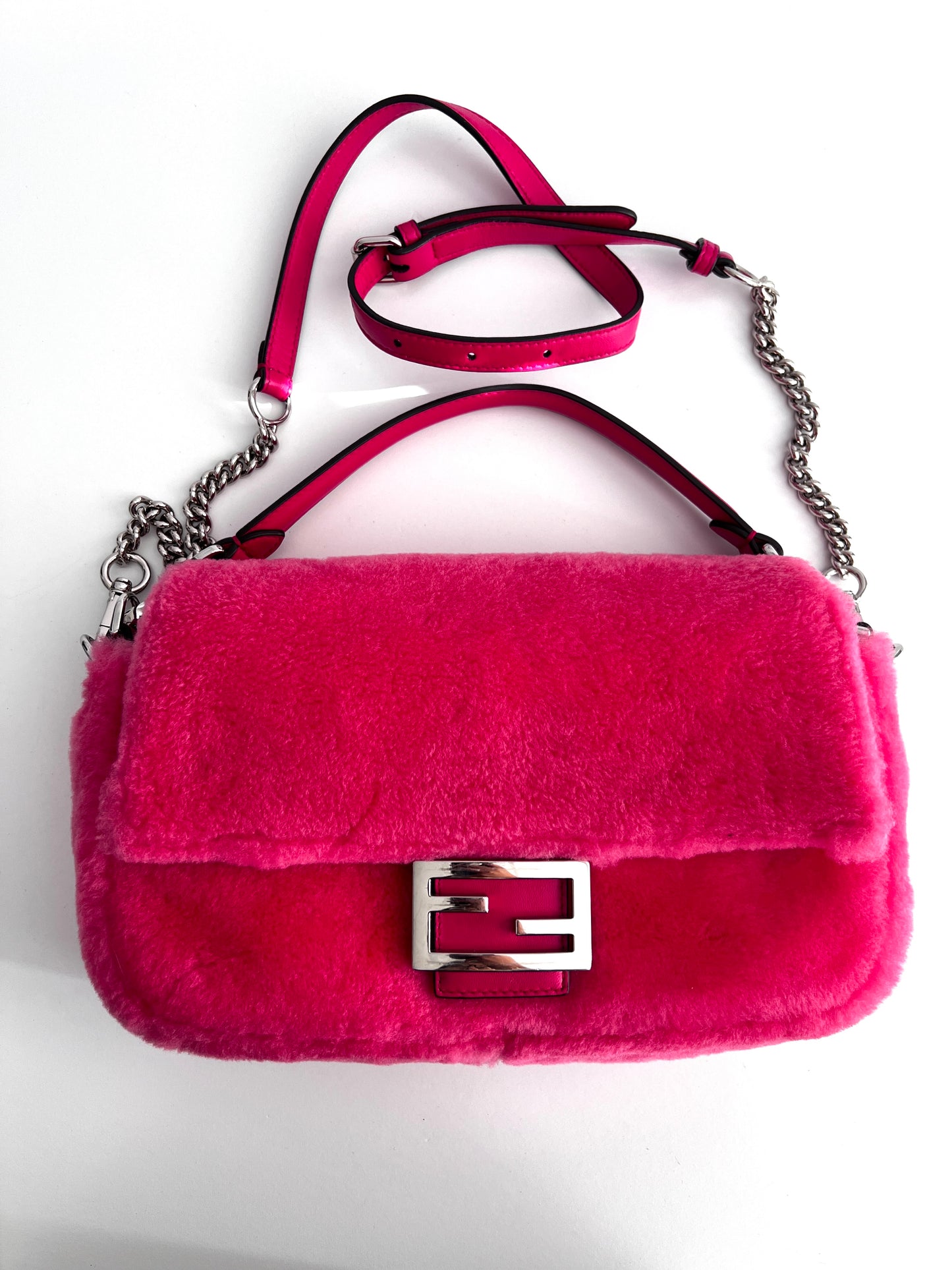 Fendi raspberry pink shearling baguette