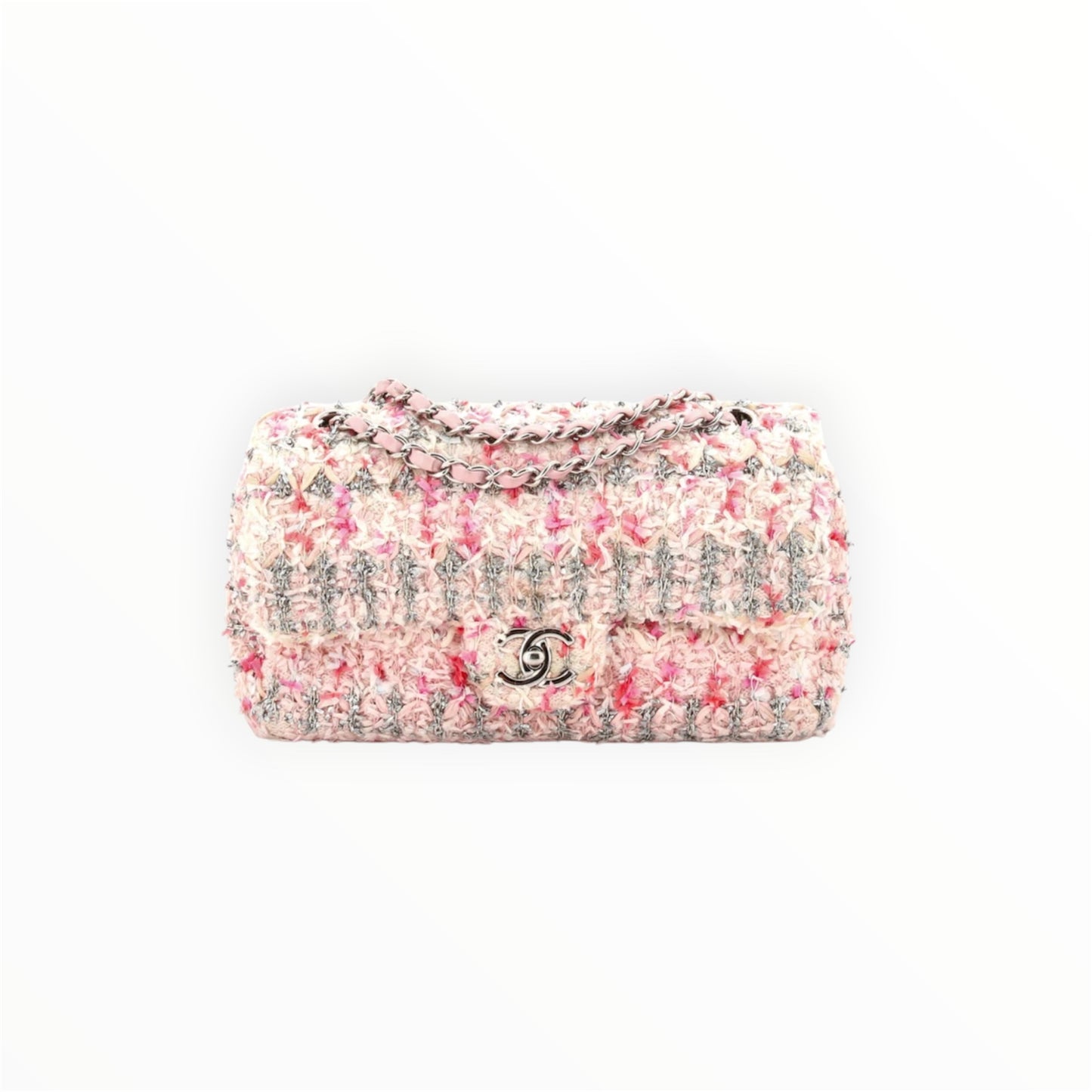 CHANEL Tweed Quilted Mini Rectangular Flap Light Pink Silver
