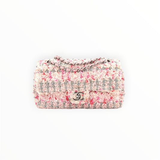 CHANEL Tweed Quilted Mini Rectangular Flap Light Pink Silver