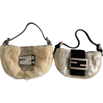 Fendi Chinchilla fur rhinestone buckle silver python skin trimmed croissant bag