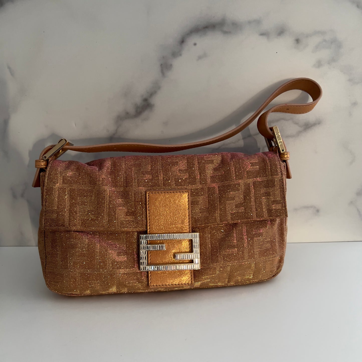 Fendi Peach Metallic Zucca Baguette