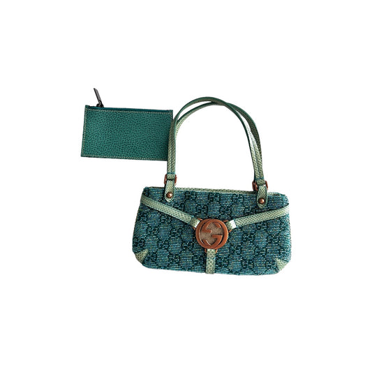 Gucci Turquoise GG Nonogram Crystals beaded lizard skin bag