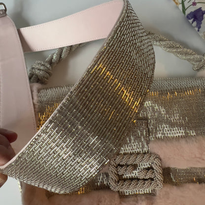 Fendi Silver Beaded Pink Fur Trimmed Baguette