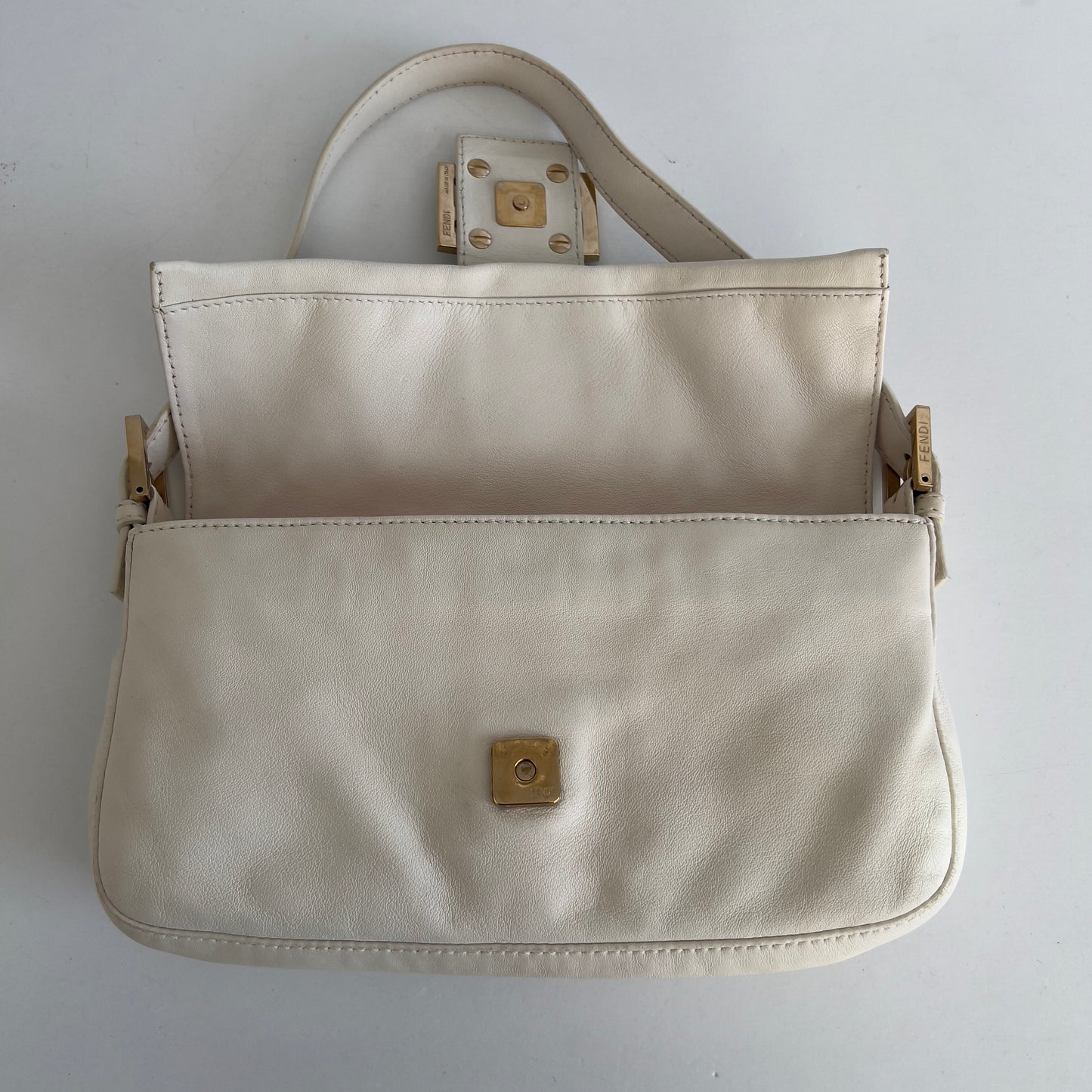 Fendi White Lamb Leather Enamel Buckle Baguette