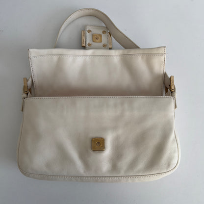 Fendi White Lamb Leather Enamel Buckle Baguette