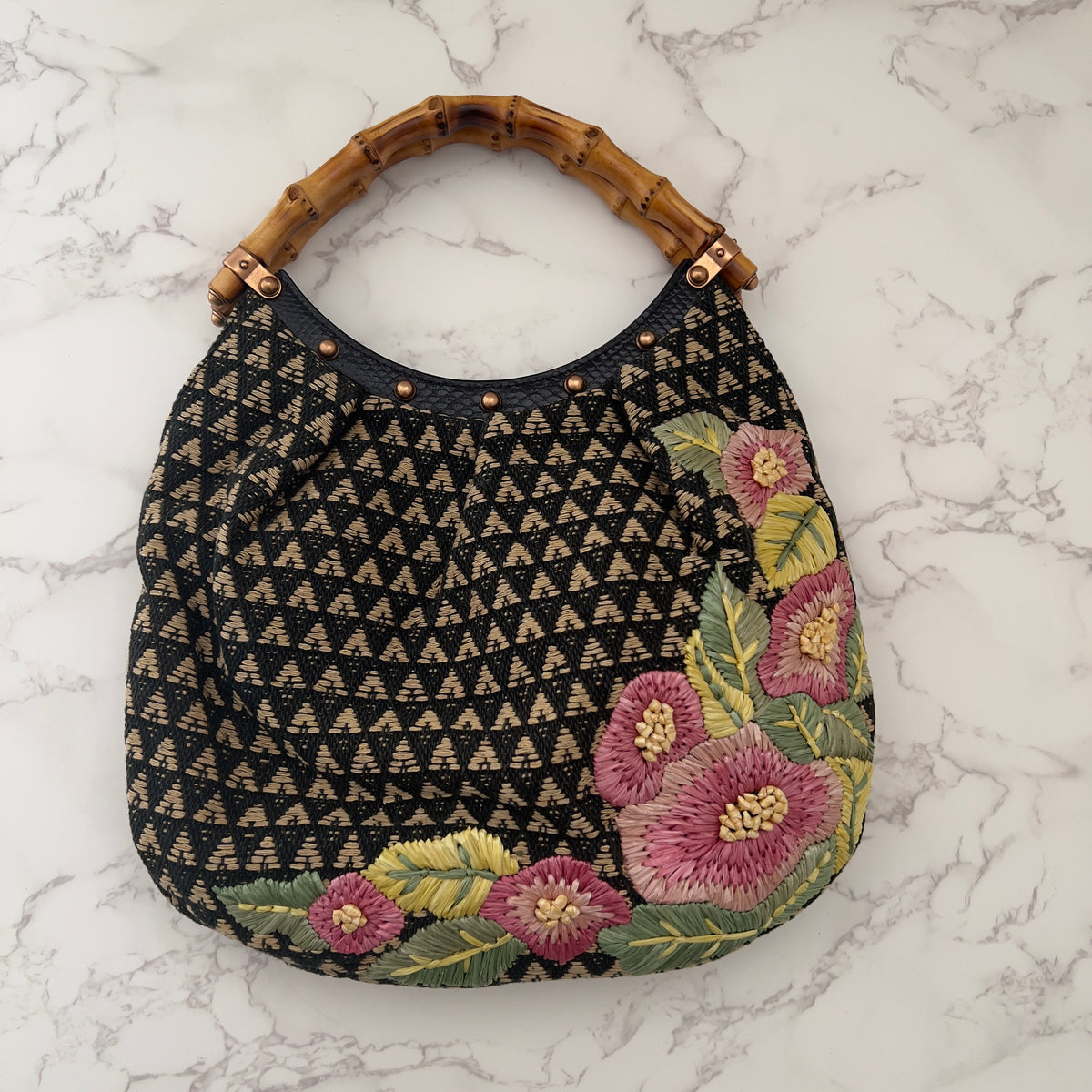 Vintage Gucci Small Bamboo Handle Floral Raffia Embroidered Hobo Bag
