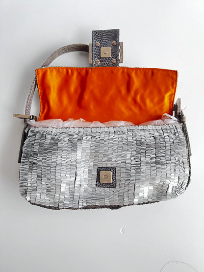 Fendi silver sequin with orange beaded strip baguette