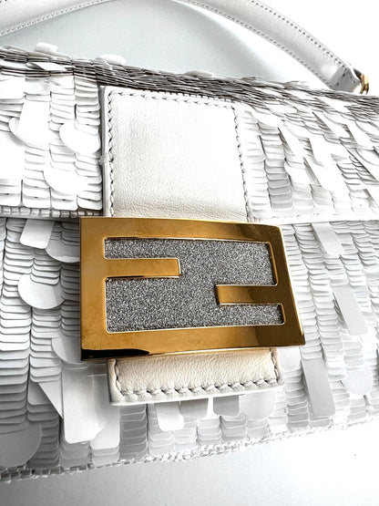 Iconic Fendi white sequin baguette