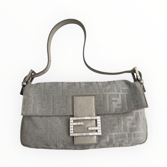 Fendi Metallic FF Silver Cloth Baguette