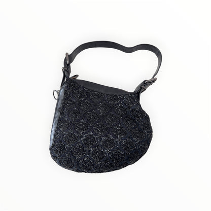 Vintage Fendi Black Rose Lizard trimmed Embellished Oyster Bag