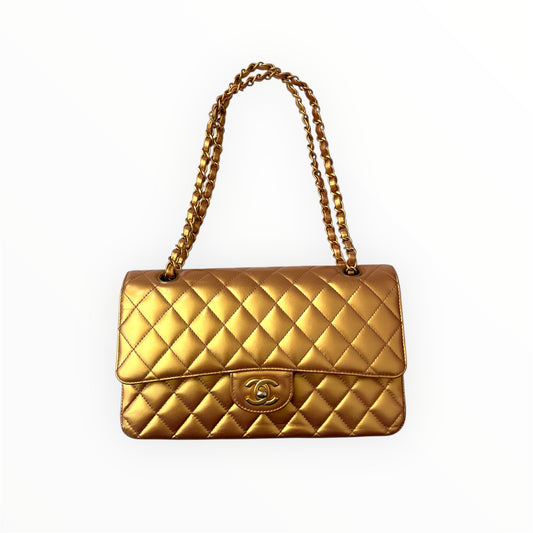 Chanel Metallic Lambskin Quilted Medium Double Flap Golden