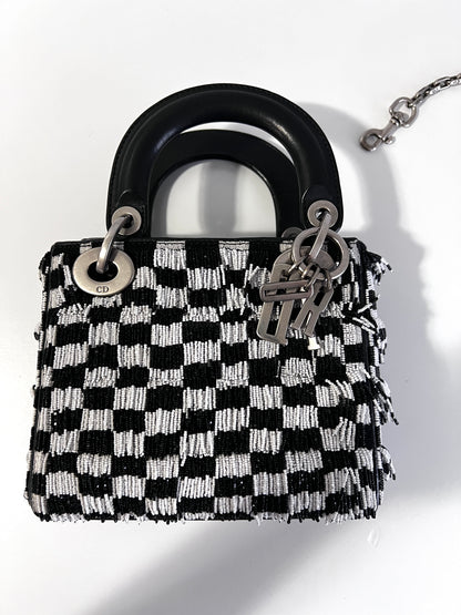 Dior fringe beaded black& white plaid lady dior bag