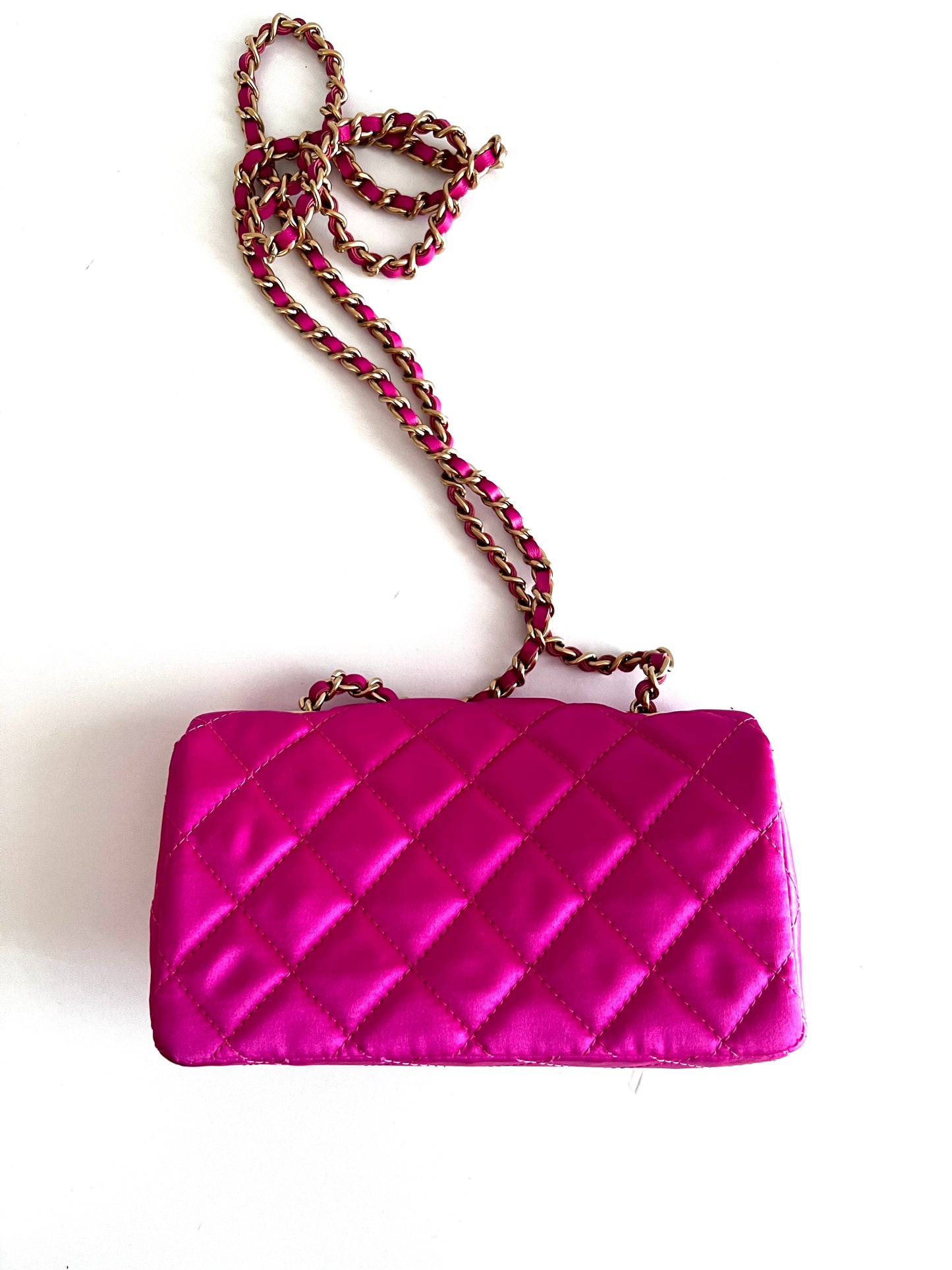 Chanel extra mini pink satin flap bag, like new