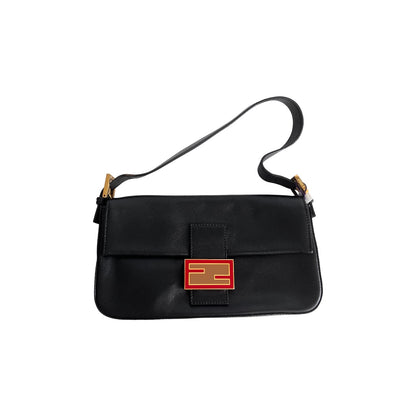 Fendi black leather enamel buckle baguette