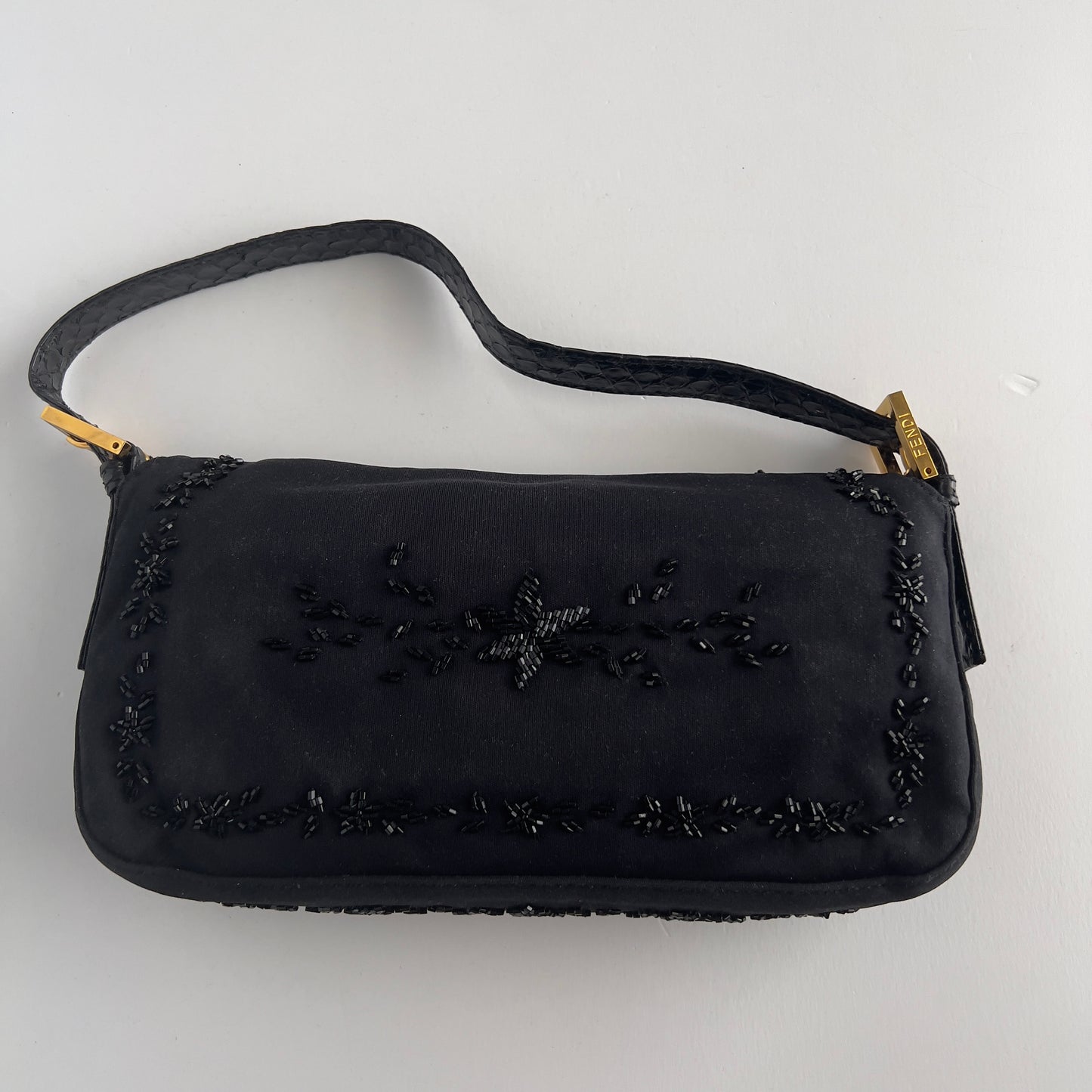 Vintage Fendi Black Embroidered Beads Cloth Baguette