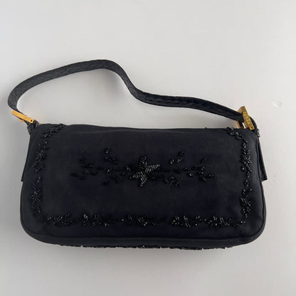 Vintage Fendi Black Embroidered Beads Cloth Baguette