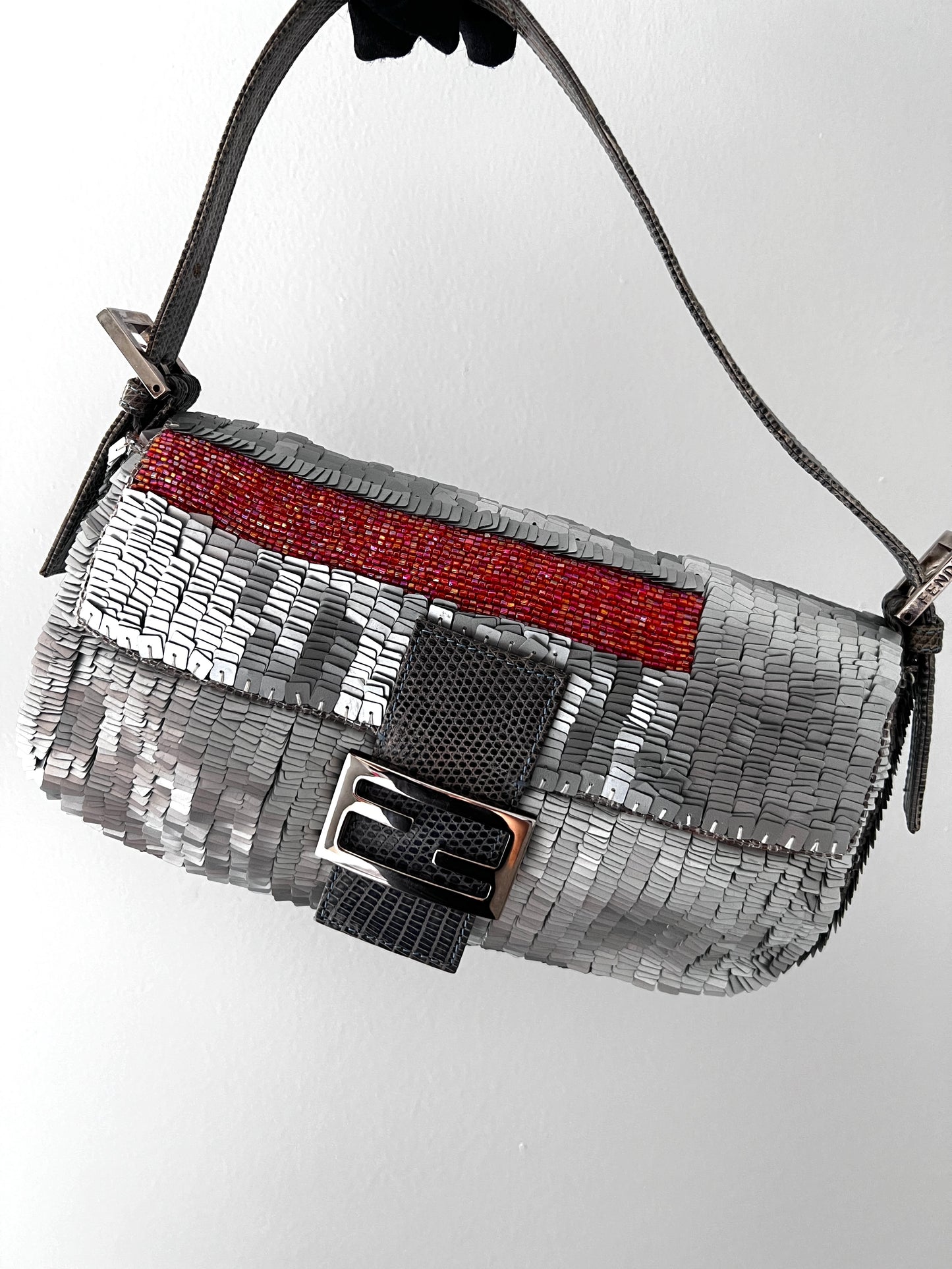 Fendi silver sequin with orange beaded strip baguette