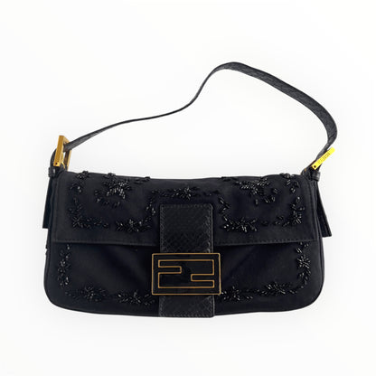 Vintage Fendi Black Embroidered Beads Cloth Baguette