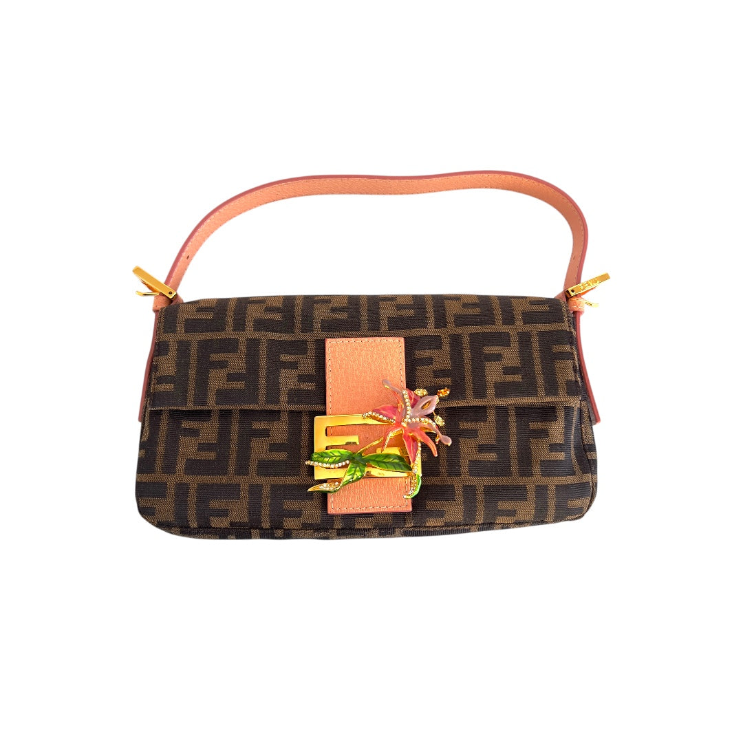 Vintage Fendi Enamel Flower Buckle Zucca Baguette