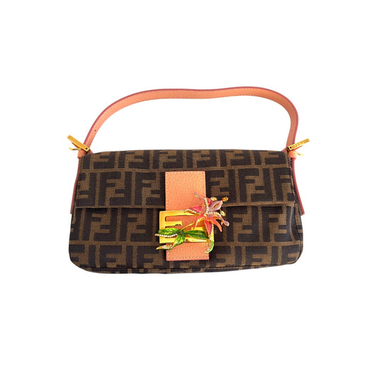 Vintage Fendi Enamel Flower Buckle Zucca Baguette