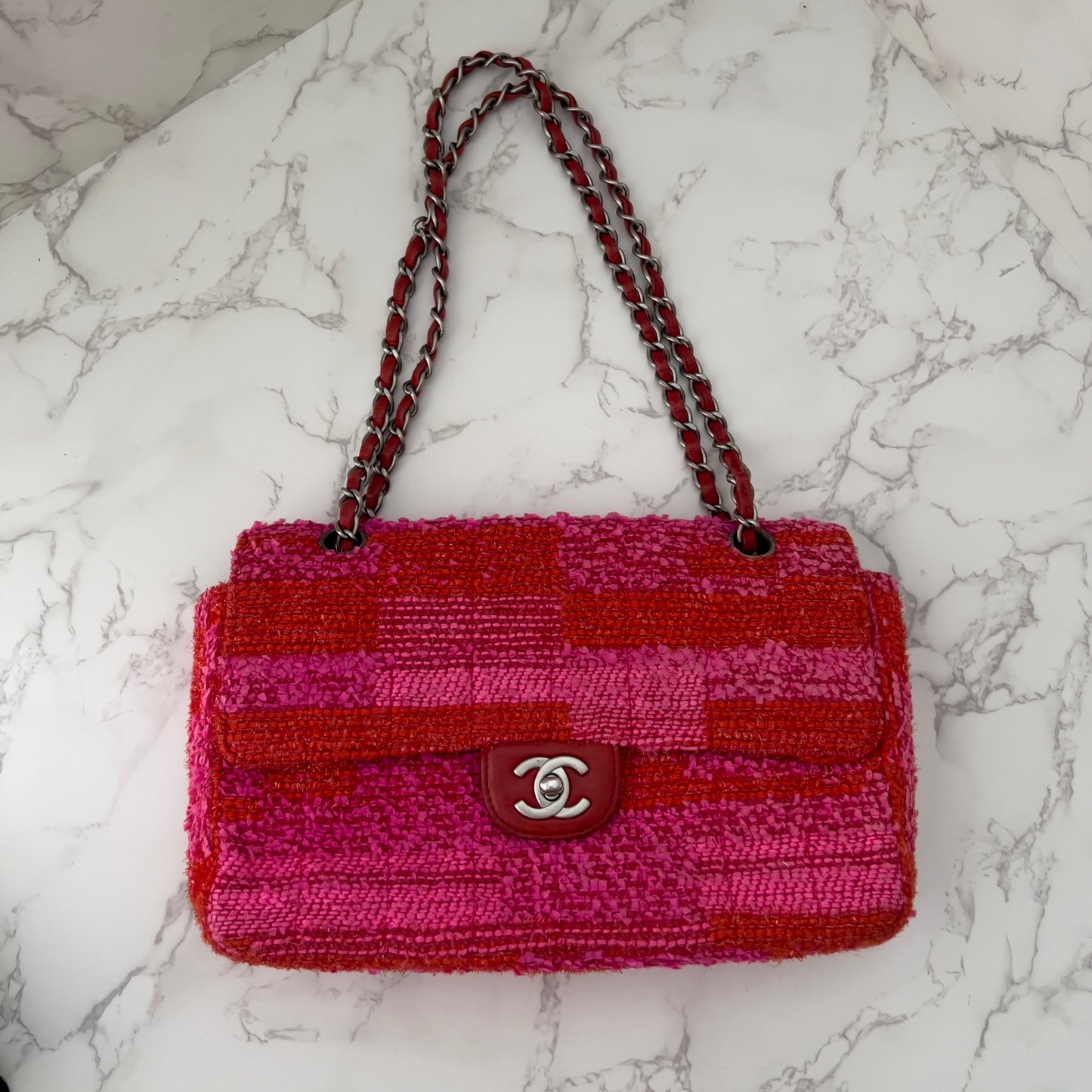 Vintage Chanel Red&Pink Tweed Single Flap Bag