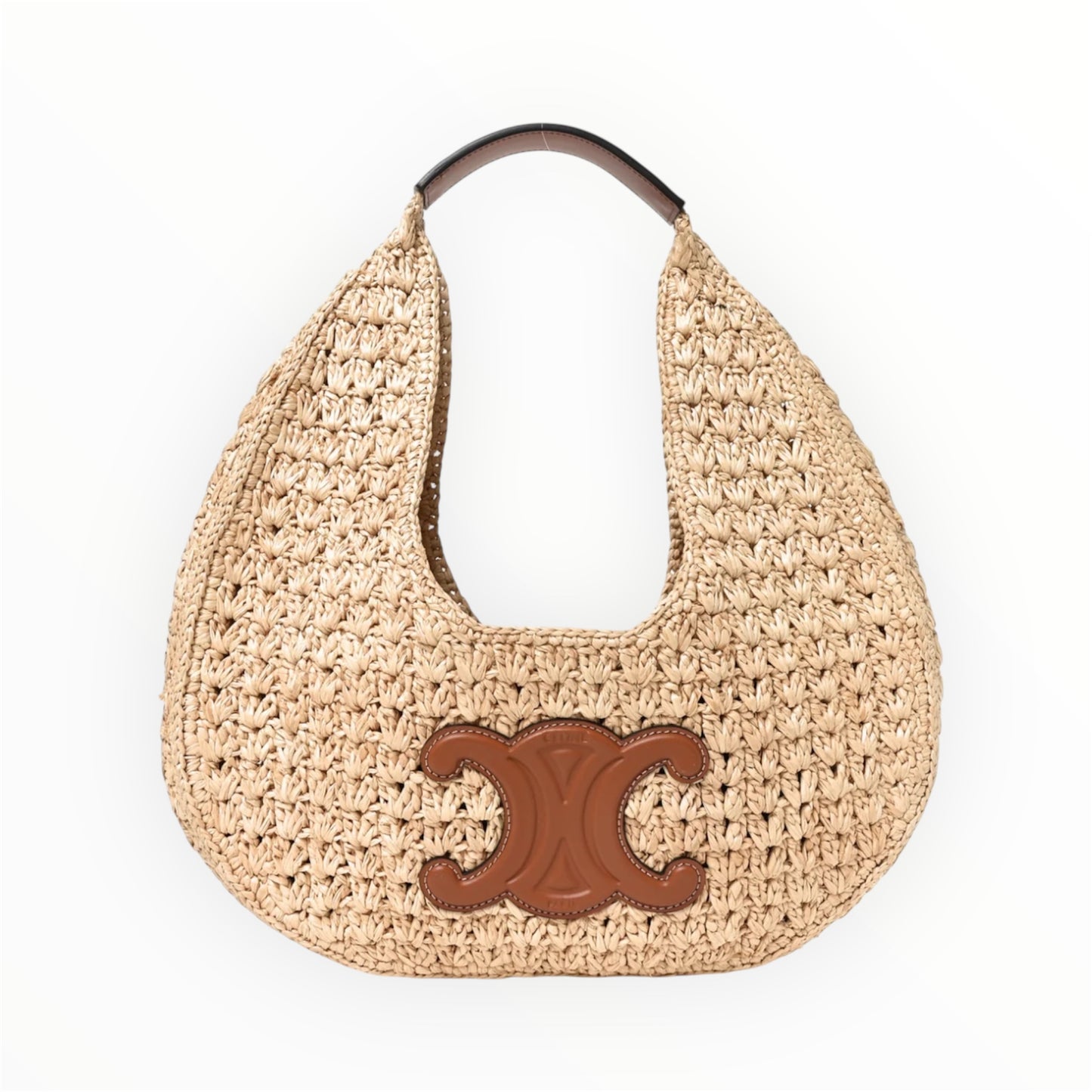 CELINE Raffia Calfskin Triomphe Panier Hobo Bag Natural Tan