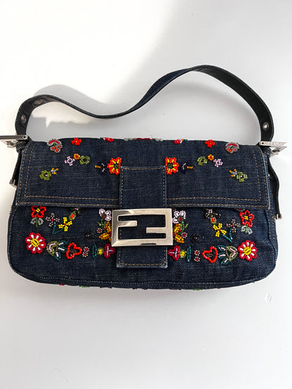 Fendi 15th anniversary denim floral beaded baguette