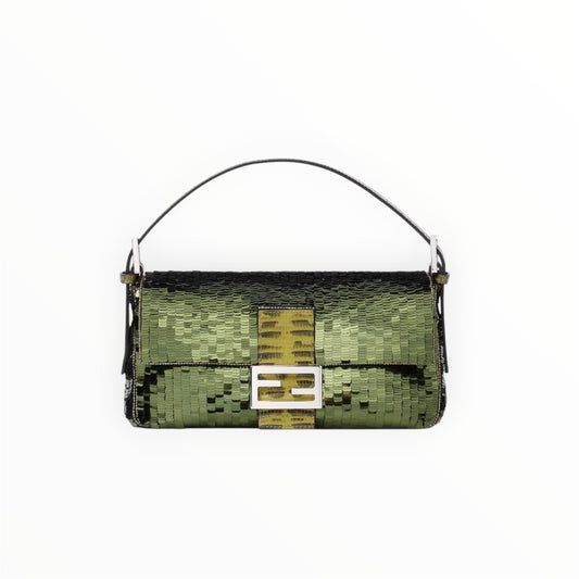Fendi Green Khaki Sequin Baguette